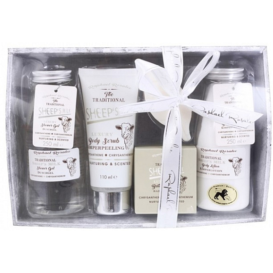 Raphael Rosalee Ovčie mlieko sprchový gél 250 ml + telové mlieko 250 ml + telový peeling 110 ml + kúpeľová soľ 100 g + toaletné mydlo 40 g + drevený podnos, kozmetická súprava