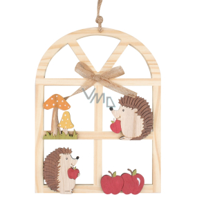 Jesenné okno s ježkami drevená dekorácia na zavesenie 23,5 cm 1 kus