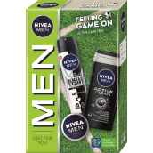 Nivea Men Feeling Game On krémový krém 30 ml + sprchový gél Active Clean 250 ml + antiperspirant dezodorant v spreji Invisible Black & White 150 ml, kozmetická sada pre mužov