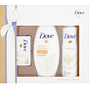 Dove Silk Glow vyživujúce sprchový gél 250 ml + toaletné mydlo 100 g + Silk Dry antiperspirant sprej 150 ml, kozmetická sada