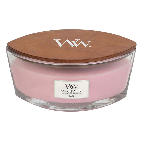Woodwick Rose - Ruža vonná sviečka s dreveným širokým knôtom a viečkom sklo loď 453 g