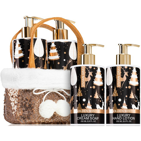 Vivian Gray Christmas Brown Ylang and Vanilla tekuté mydlo v dávkovači 250 ml + krém na ruky 250 ml + vrecko, kozmetická sada pre ženy