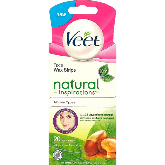 Veet Natural Studené voskové pásiky na tvár 20 kusov + obrúsky Luminous Finish 4 kusy