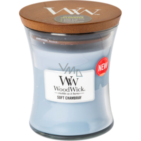 Woodwick Soft Chambray - Čisté bielizeň vonná sviečka s dreveným knôtom a viečkom sklo malá 85 g