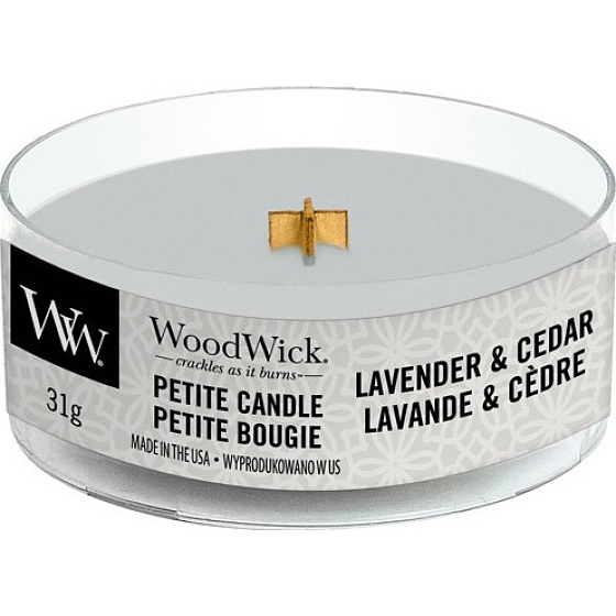 Woodwick Lavender & Cedar - Levanduľa a céder vonná sviečka s dreveným knôtom petite 31 g