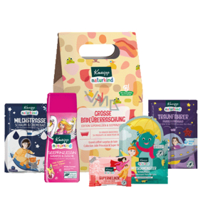 Kneipp Veľké prekvapenie na kúpanie pre dievčatá Vesmírna jazda soľ do kúpeľa 40 g + Mliečna cesta pena do kúpeľa 40 g + Šampón a sprchový gél Morská princezná 200 ml + Hviezdičky Plesky pena do kúpeľa 40 ml + Superhrdinovia šumivé tablety do kúpeľa 80 g, kozmetická sada pre deti