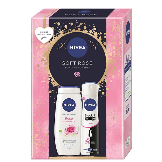 Nivea Soft Care Rose & Almond Oil sprchový gél 250 ml + Nivea Black & White Invisible Clear antiperspirant sprej 150 ml, kozmetická sada pre ženy