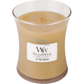 Woodwick At the Beach - Na pláži vonná sviečka s dreveným knôtom a viečkom sklo stredná 275 g