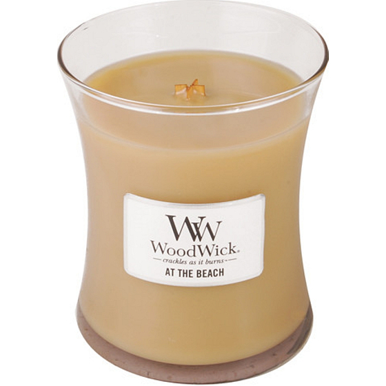 Woodwick At the Beach - Na pláži vonná sviečka s dreveným knôtom a viečkom sklo stredná 275 g