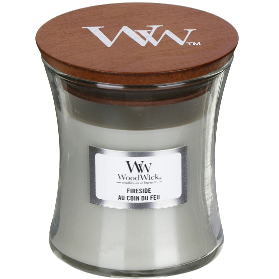 Woodwick Fireside - Oheň v krbe vonná sviečka s dreveným knôtom a viečkom sklo malá 85 g