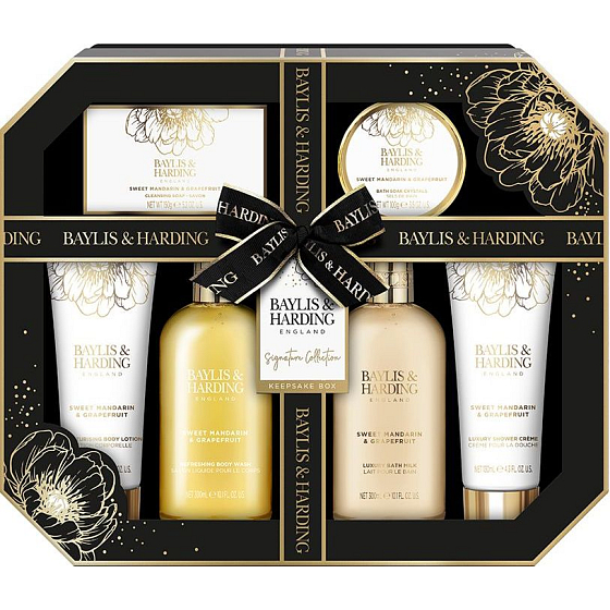 Baylis & Harding Sladká mandarínka & Grapefruit umývací gél 300 ml + mlieko do kúpeľa 300 ml + mydlo 150 g + sprchový krém 130 ml + telové mlieko 130 ml + soľ do kúpeľa 100 g, kozmetická sada pre ženy
