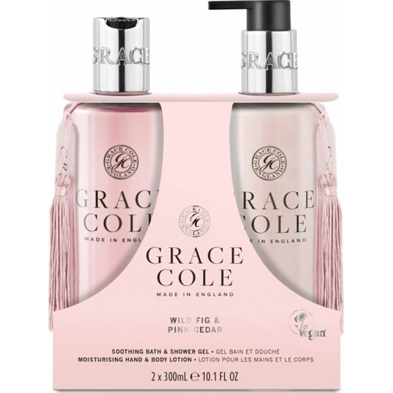 Grace Cole Wild Fig & Pink Cedar - sprchový gél s figami a ružovým cédrom 300 ml + hydratačné telové mlieko 300 ml, kozmetická sada pre ženy
