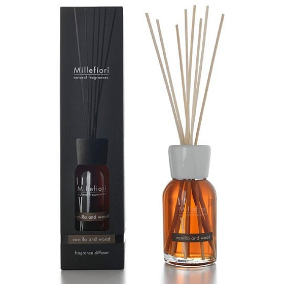 Millefiori Milano Natural Vanilla & Wood - Vanilka a Drevo Difuzér 500 ml + 12 stebiel v dĺžke 35 cm do veľkých priestorov vydrží 6-7 mesiacov