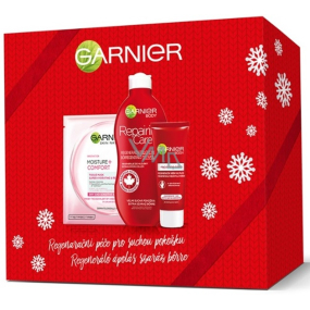 Garnier Reparing Care regeneračné telové mlieko pre suchú pokožku 400 ml + Reparing Care regeneračný krém na ruky 100 ml + Moisture + Comfort textilné pleťová maska 32 g, kozmetická sada