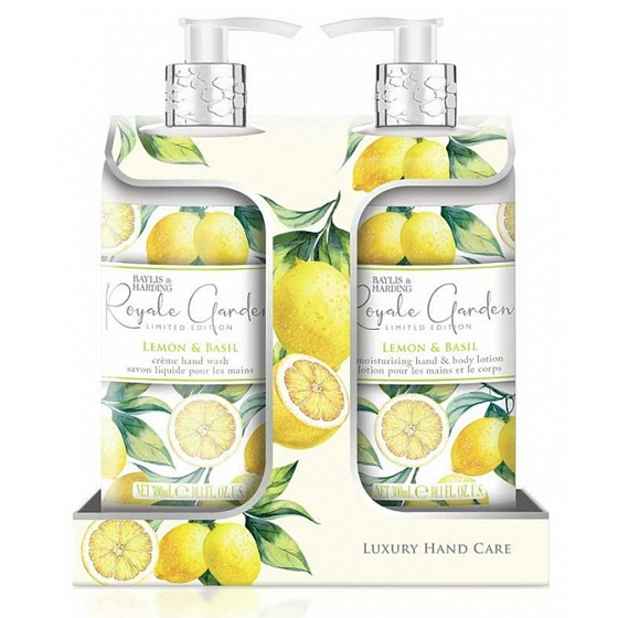 Baylis & Harding Citrón a Bazalka tekuté mydlo dávkovač 300 ml + mlieko na ruky dávkovač 300 ml, kozmetická sada