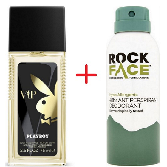 Playboy VIP parfumovaný dezodorant pre mužov 75 ml + RockFace Protection 48h antiperspirant dezodorant v spreji pre mužov 150 ml, duopack