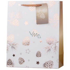Emocio Papierová darčeková taška 26 x 32 cm Vianočné bronzové šišky