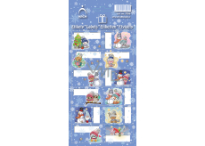 Vianočné nálepky na darčeky medvedík s klobúkom a stromčekom, modrý list 12 štítkov