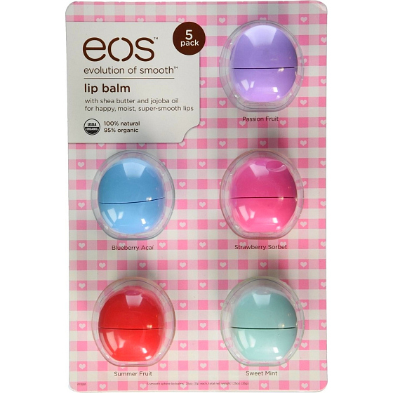 Eos Lip Balm 5 Pack Passion Fruit, Blueberry Acai, Strawberry Sorbet, Summer Fruit, Sweet Mint balzam na pery 5 x 7 g
