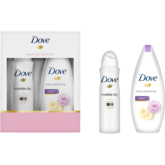Dove Purely Pampering Smetana a pivonka sprchový gél pre ženy 250 ml + Invisible Dry antiperspirant sprej 150 ml, kozmetická sada