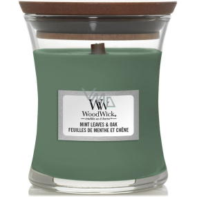 WoodWick Mint Leaves & Oak vonná sviečka s dreveným knôtom a skleneným viečkom malá 85 g