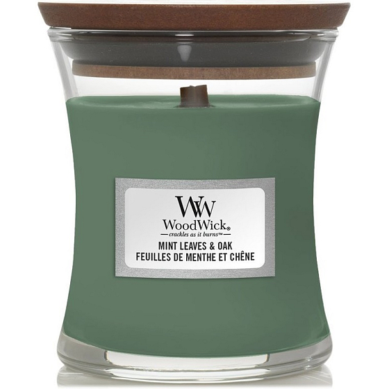 WoodWick Mint Leaves & Oak vonná sviečka s dreveným knôtom a skleneným viečkom malá 85 g