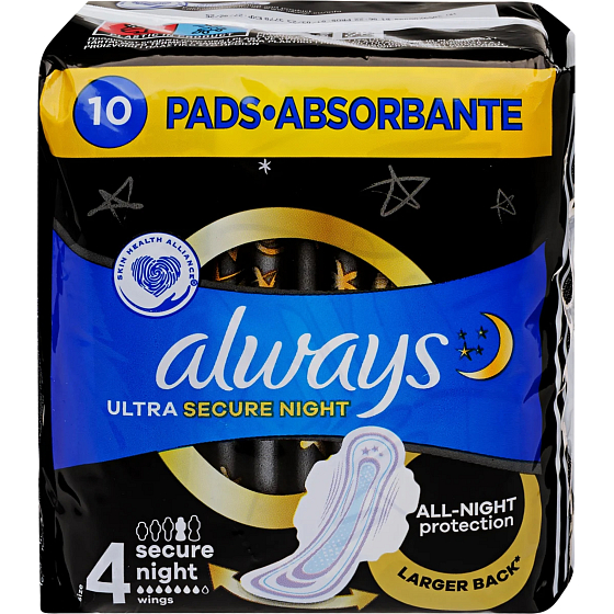 Always Ultra Secure Night Protection hygienické vložky s krídelkami 10 kusov