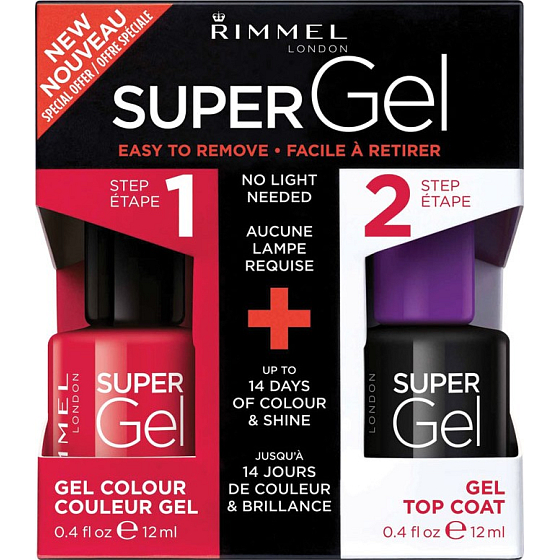 Rimmel London Super Gél by Kate lak na nechty 041 Darling Dahlia 12 ml + Super Gel Top Coat krycí lak na nechty 001 Transparent 12 ml, duopack