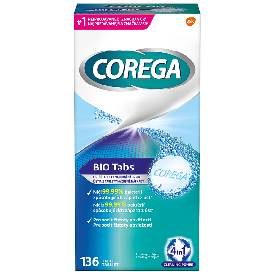 Corega Tabs Antibakteriálne 3min čistiace tablety na zubné náhrady protézy 136 kusov