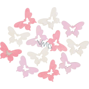 Motýľ drevený béžová, ružová, svetlo fialová 4 cm, 12 kusov