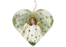 Bohemia Gifts Drevené dekoratívne srdce s potlačou Anjel so štyrmi listami 12 cm