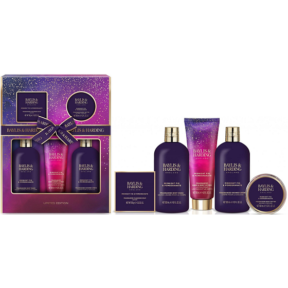 Baylis & Harding Fig and Pomegranate shower gel 300 ml + sprchový krém 300 ml + telové mlieko 130 ml + toaletné mydlo 150 g + kryštály do kúpeľa 100 g, kozmetická sada pre ženy