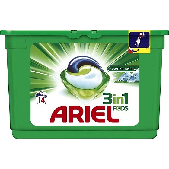 Ariel 3v1 Mountain Spring gélové kapsule na pranie bielizne 14 kusov 418,6 g