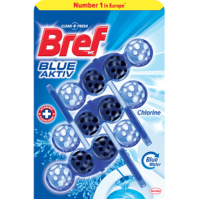 Bref Blue Aktiv Chlorine WC blok na hygienickú čistotu a sviežosť Vašej toalety, obarvuje vodu do modrého odtieňa 3 x 50 g