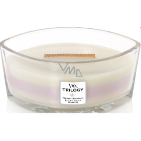 Woodwick Trilogy Terrace Blossom - Kvetinová terasa vonná sviečka s dreveným širokým knôtom a viečkom loď 453 g