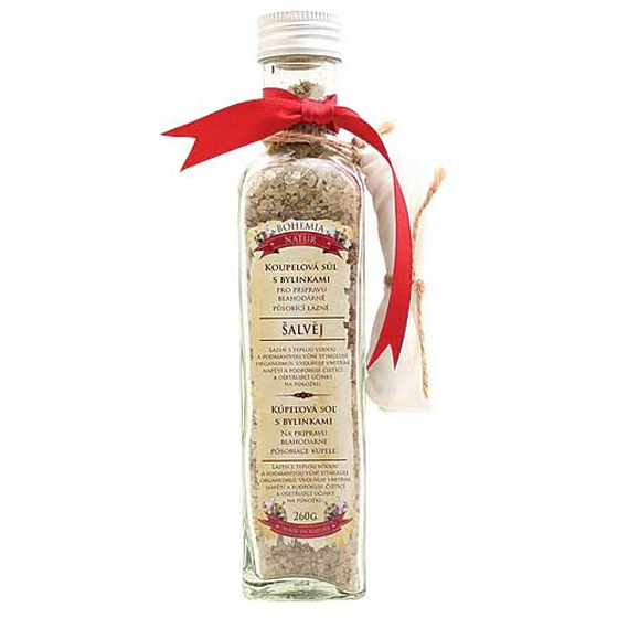 Bohemia Gifts Šalvia s bylinkami povzbudzujúce soľ do kúpeľa so šalviou as filtračným vreckom 260 g sklenený obal
