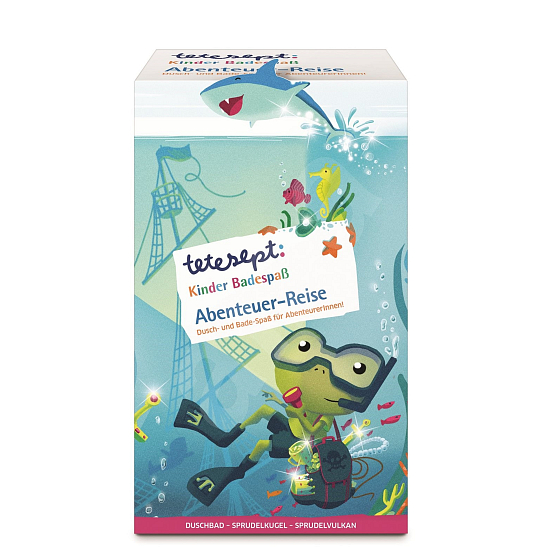 Tetesept Adventurer sprchový gél a šampón 250 ml + lopta do kúpeľa Lovci pokladov s prekvapením 140 g + morská soľ Volcano 50 g kozmetická sada výrobkov do kúpeľa pre deti