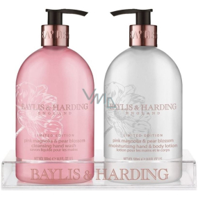 Baylis & Harding Ružová magnólia a Hruškový kvet tekuté mydlo dávkovač 500 ml + mlieko na ruky dávkovač 500 ml, kozmetická sada