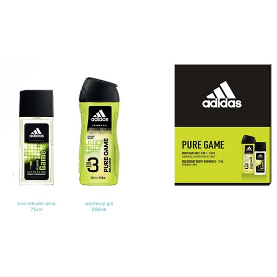 Adidas Pure Game parfumovaný deodorant sklo pre mužov 75 ml + sprchový gél 250 ml, kozmetická sada