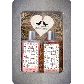 Bohemia Gifts Šťastný domov sprchový gél pre ženy 250 ml + šampón na vlasy 250 ml + drevené srdce 1 kus, plechový box kozmetická sada