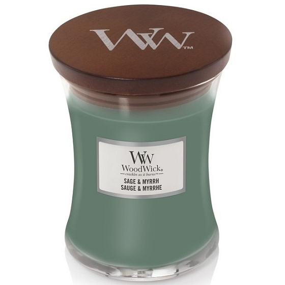 Woodwick Sage & Myrht - Šalvia a myrha vonná sviečka s dreveným knôtom a viečkom sklo stredná 275 g