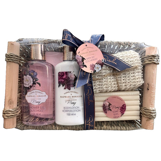 Raphael Rosalee Flowers Peony sprchový gél 150 ml + telové mlieko 150 ml + toaletné mydlo 100 g + masážna žinka + šatka, kozmetická súprava