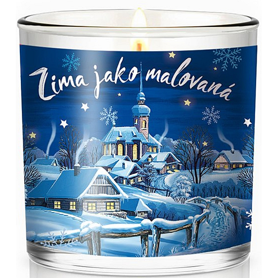 Nekupto Fashion Vianočná vonná sviečka Zima ako maľovaná 7 x 7,5 cm
