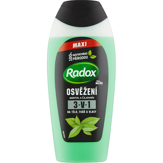 Radox Men Osviežujúci mentol a čajovník 3v1 sprchový gél na telo, tvár a šampón pre mužov 400 ml