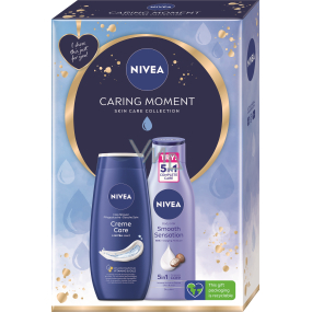 Nivea Caring Moment Creme Care ošetrujúci sprchový gél 250 ml + telové mlieko Smooth Sensation 400 ml, kozmetická sada pre ženy