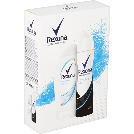 Rexona Freshness & Care sprchový gél 250 ml + Invisible Aqua antiperspirant dezodorant sprej pre ženy 150 ml, kozmetická sada