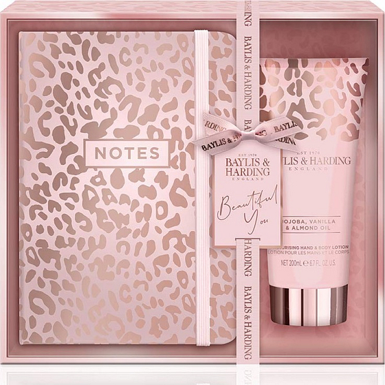 Baylis & Harding Jojoba, Vanilka a Mandľový olej mlieko na ruky a telo 200 ml + zápisník, kozmetická sada