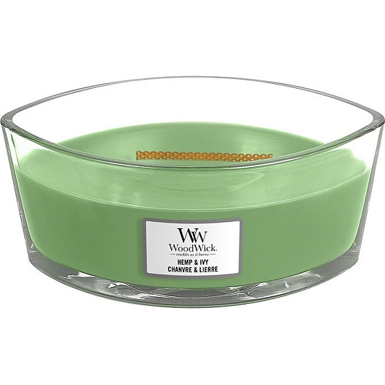 Woodwick Hemp & Ivy - Konope a brečtan vonná sviečka s dreveným širokým knôtom a viečkom loď 453 g