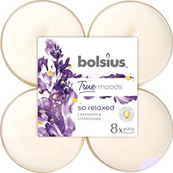 Bolsius True Moods So Relaxed Lavender & Chamomile - Levanduľa a harmanček maxi vonné čajové sviečky 8 kusov, doba horenia 8 hodín