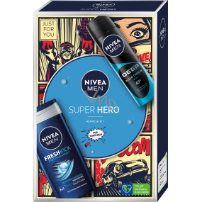 Nivea Men Super Hero Deep Beat 48h antiperspiračný dezodorant v spreji pre mužov 150 ml + Fresh Kick 3v1 sprchový gél na telo, vlasy a tvár 250 ml, kozmetická sada pre mužov